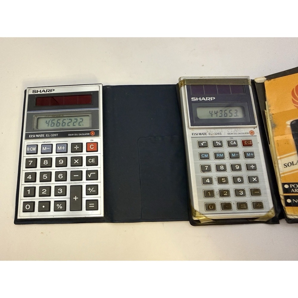Lot of 2 Vintage Sharp ELSI Mate Solar Calculators EL-326T EL-326S w/Cases
